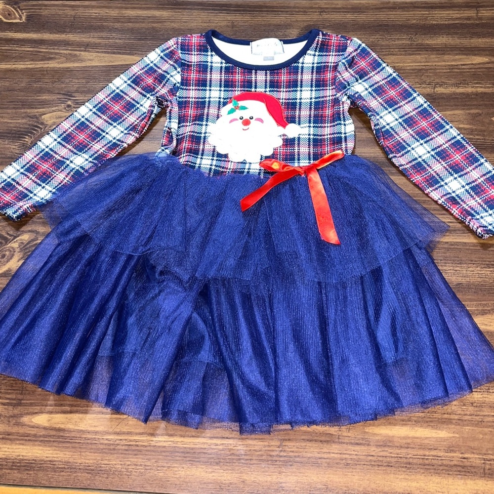 Marie Nicole Clothing Plaid Santa Dress with Navy Tulle Skirt size medium